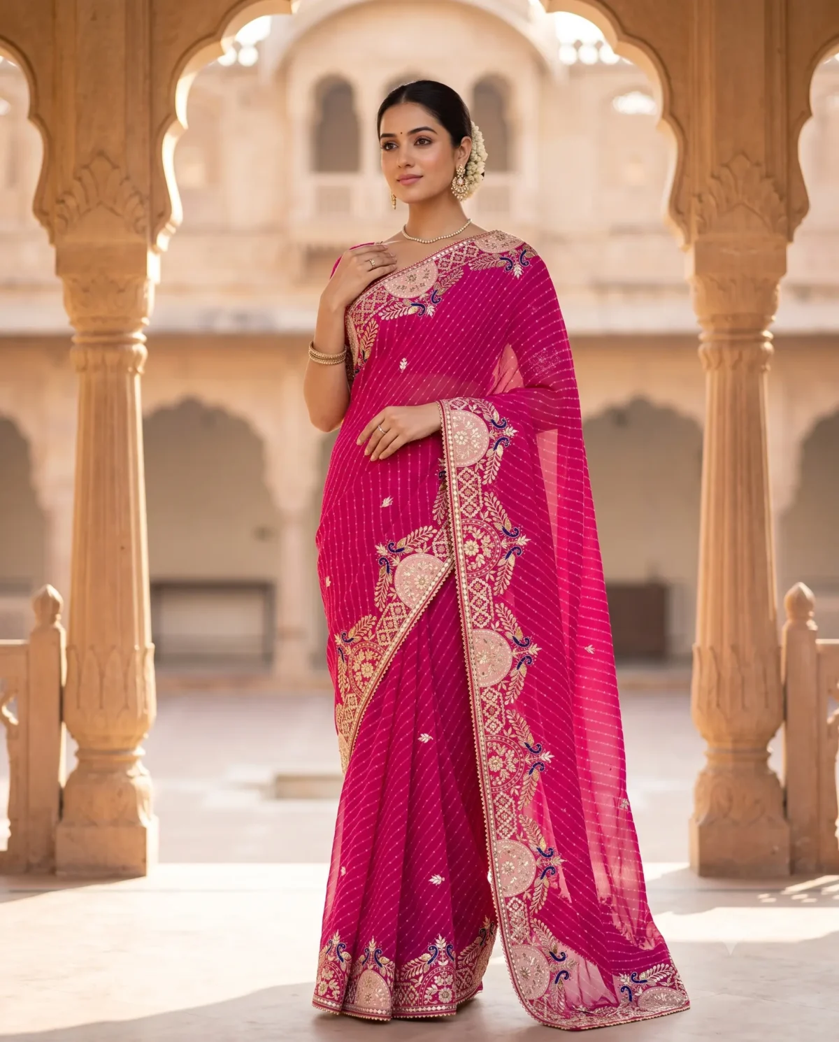 Pure Georgette Rani Mothra Saree with handcrafted Gota Patti work and Peacock border for Teej and Rakhi
