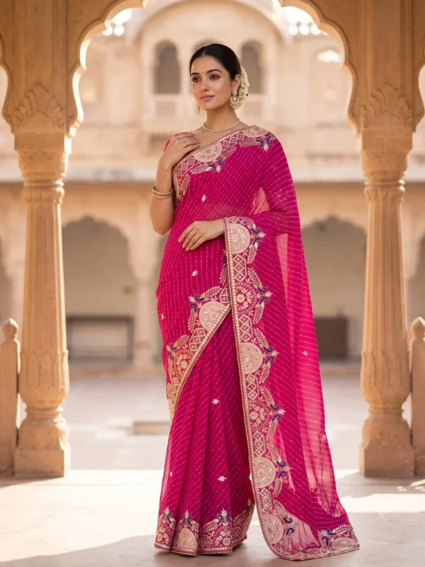 Pure Georgette Rani Mothra Saree with handcrafted Gota Patti work and Peacock border for Teej and Rakhi