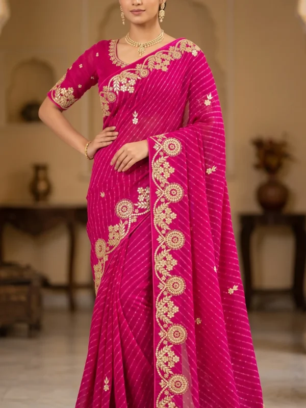 Pure Georgette Rani Mothra Saree with Heavy Gota Patti Embroidery and Floral Border for Teej & Raksha Bandhan