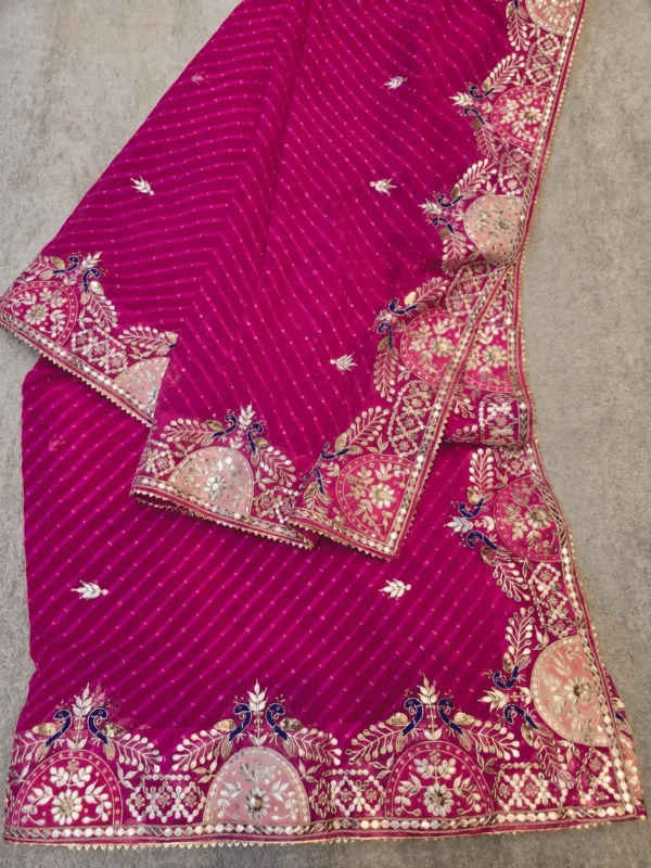 Pure Georgette Rani Mothra Saree with handcrafted Gota Patti work and Peacock border for Teej and Rakhi