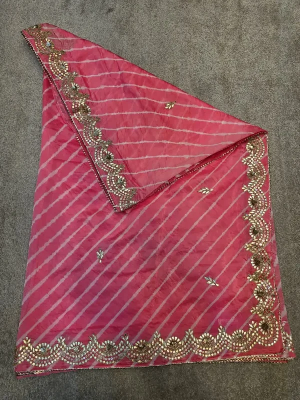 Pink Soft Silk Lehariya Saree with handcrafted Gota Patti work, designer festive saree for Teej, Raksha Bandhan, Karwa Chauth and wedding celebrations.