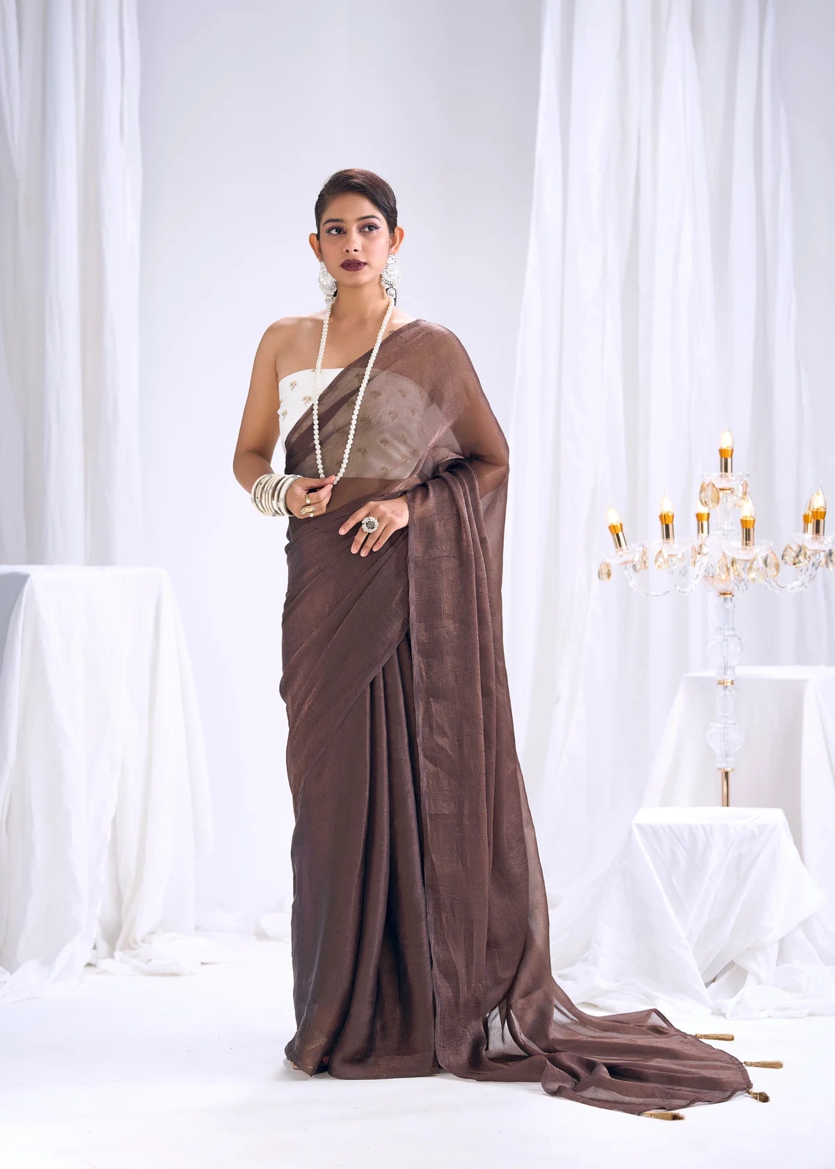 Brown crush georgette plain saree with designer heavy blouse for party wear