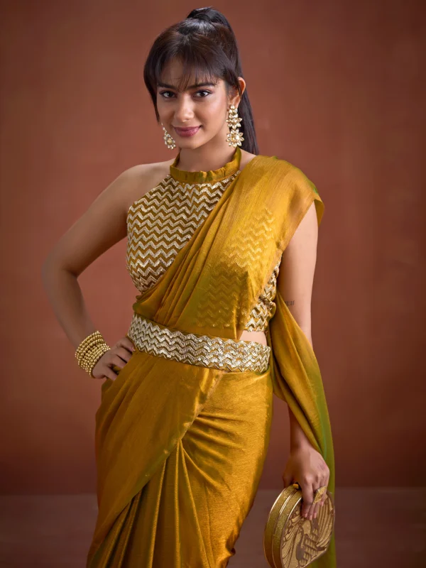 Mustard gold crush georgette saree with designer heavy blouse and embroidered waist belt