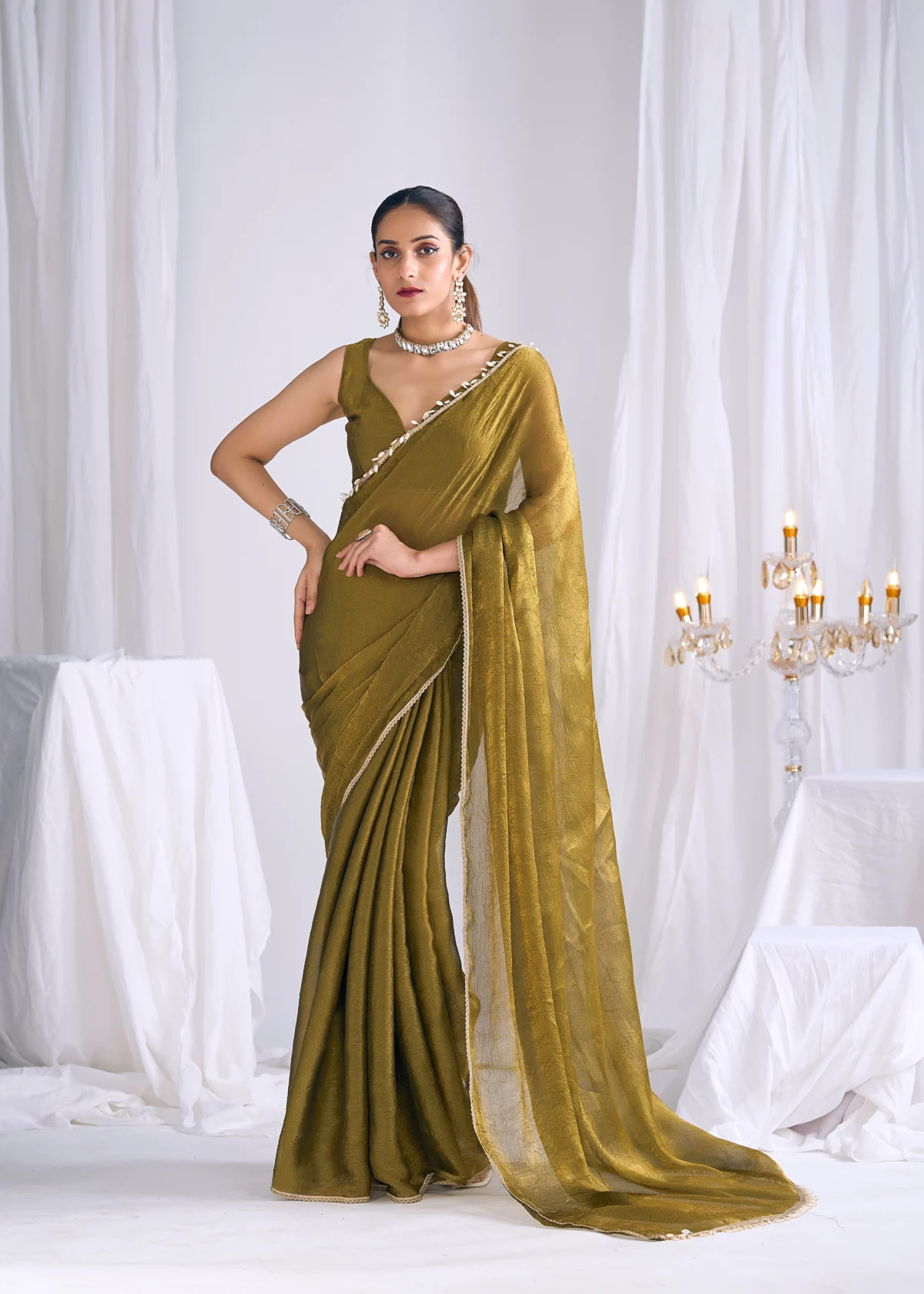 Olive Green Crush Georgette Saree