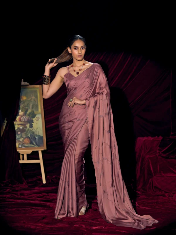 Dusty rose satin silk saree with black Swarovski stone embellishments
