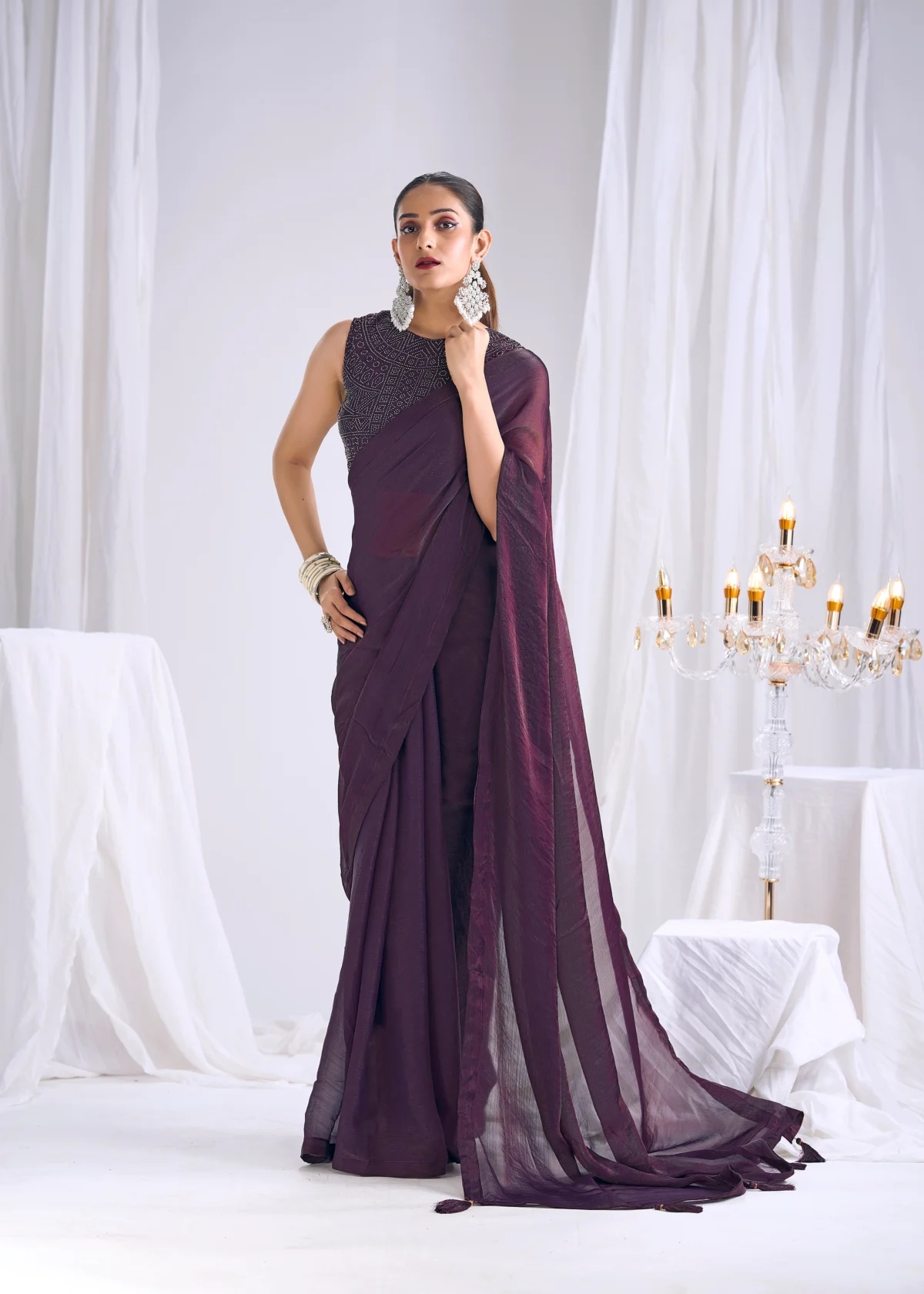 Plum purple plain crush tissue chiffon saree with heavy Swarovski blouse