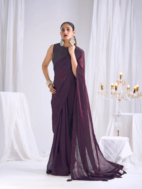 Plum purple plain crush tissue chiffon saree with heavy Swarovski blouse