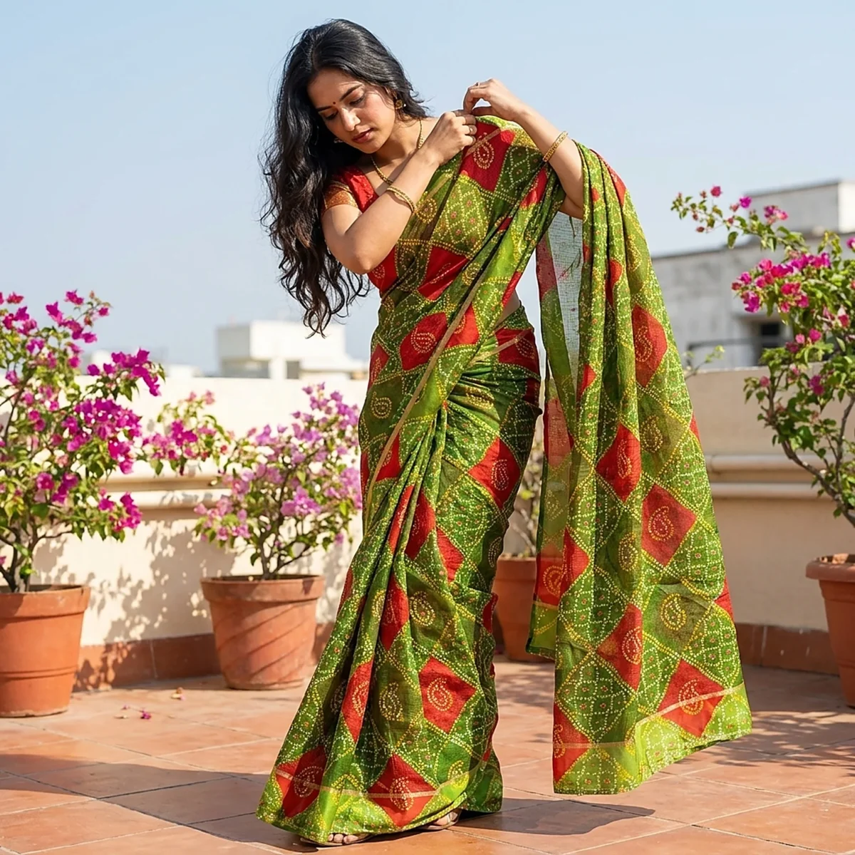 Green Kota Doria Bandhej print saree