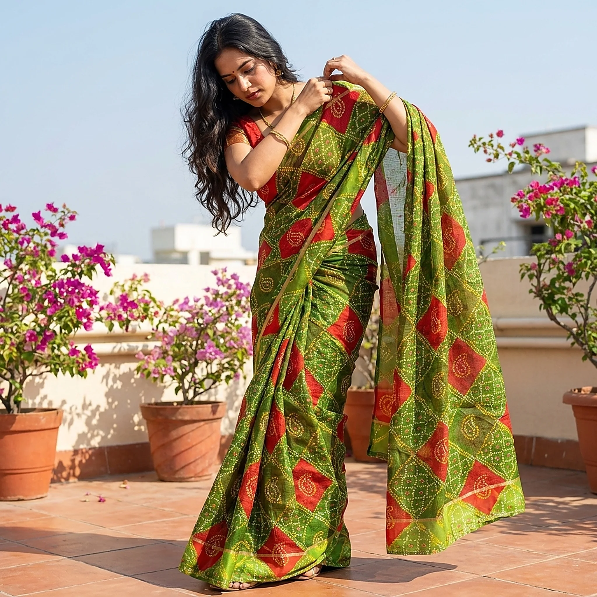 kota-doria-bandhej-print-saree