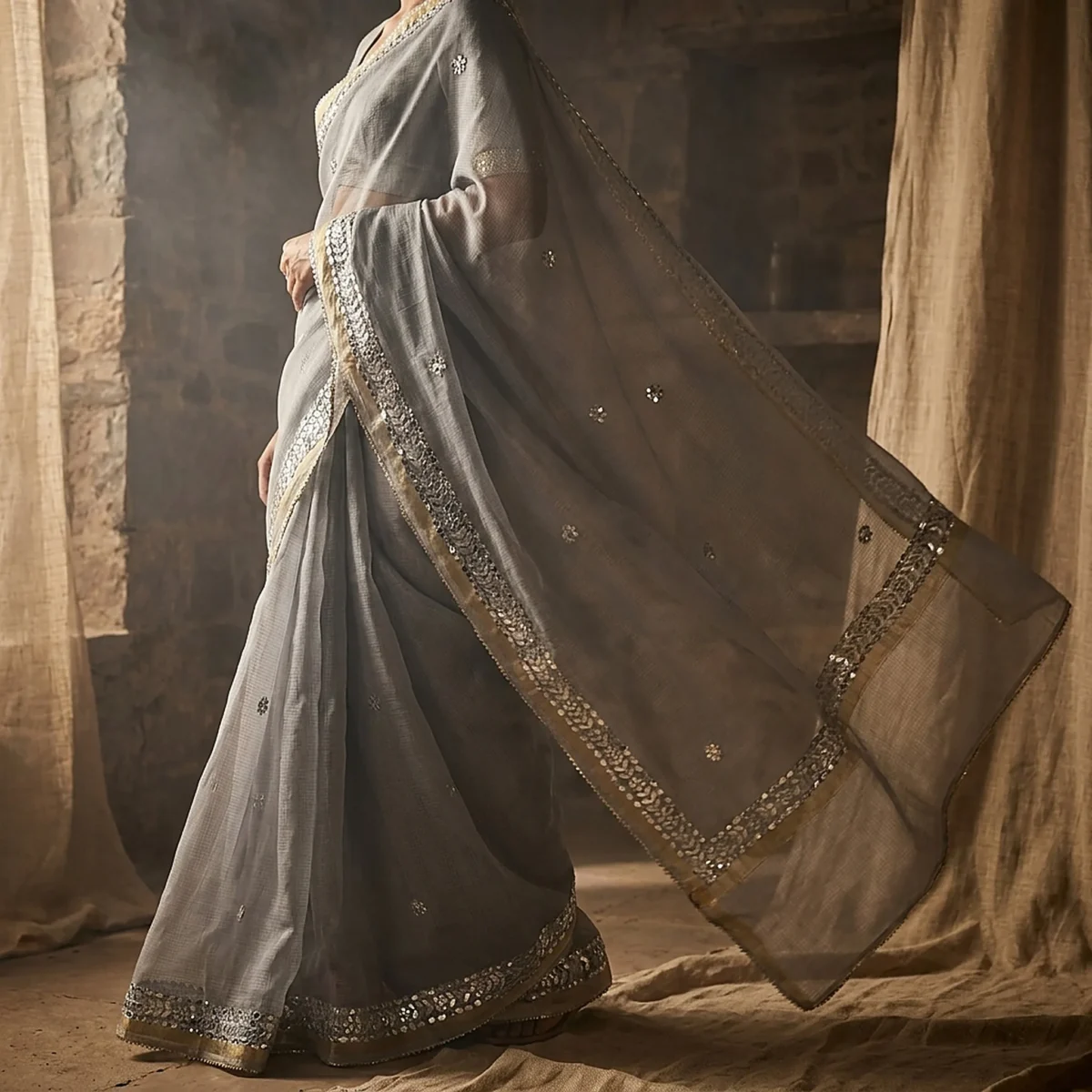 Kota Doria saree with Gota and Mirror Work border