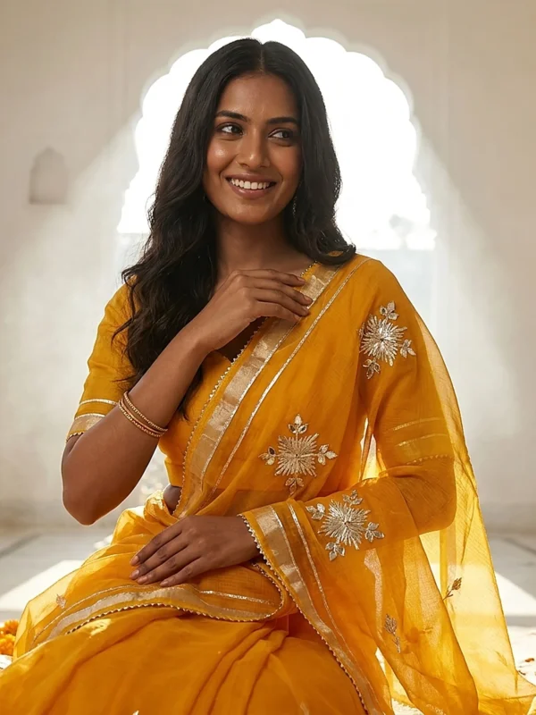 Kota Doria saree with traditional Kaccha Gota work