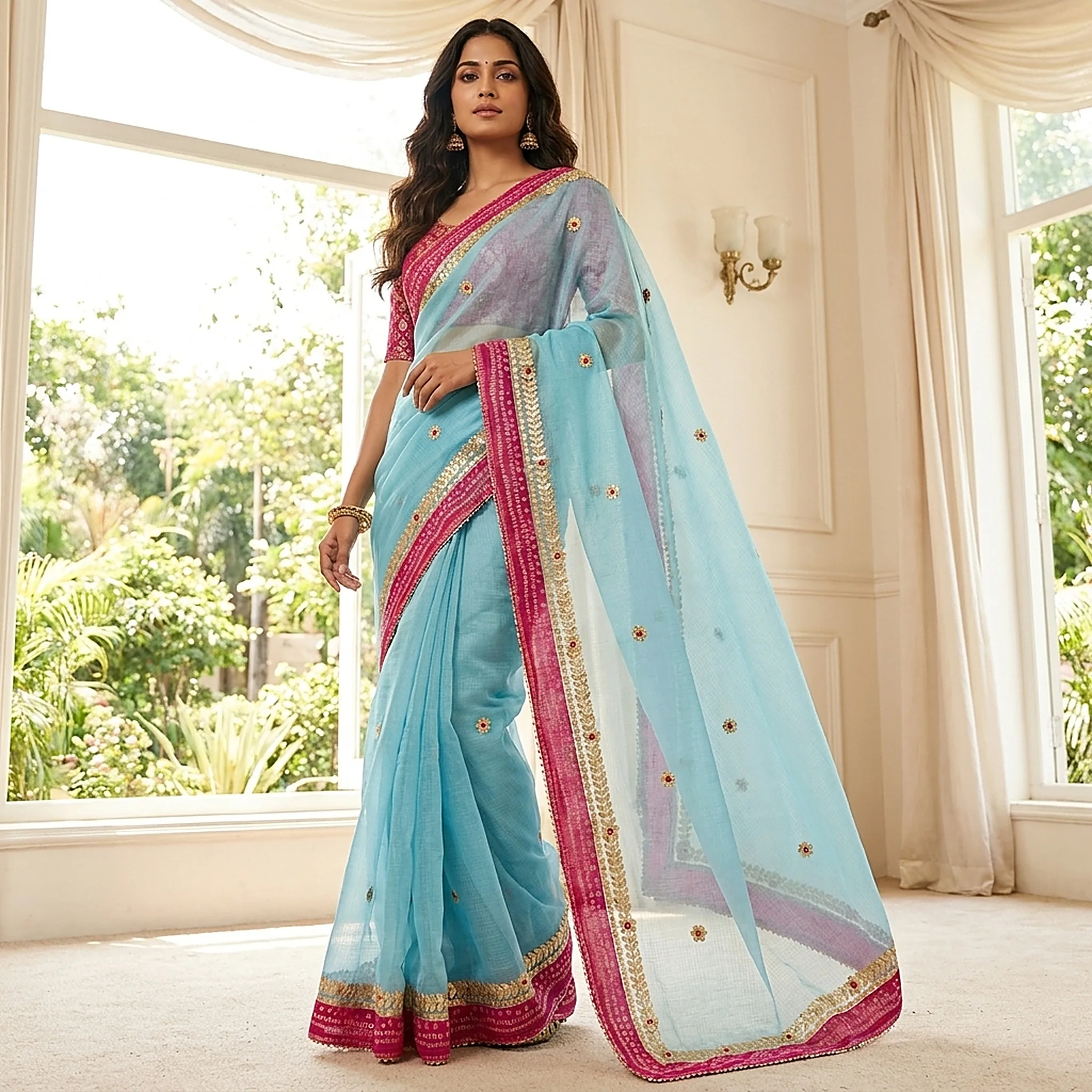 kota-doria-saree-bandhej-border-gota-work